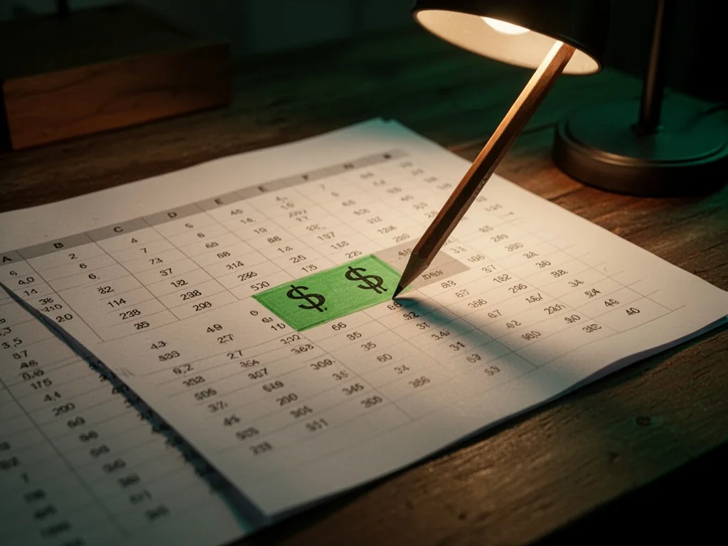 A white paper spreadsheet with small black numbers, a pencil tip tracing a highlighted cell with a dollar sign symbol, w