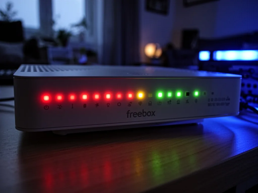 A Freebox router's front panel with closely spaced red and green LED indicators, some lit, some off, shallow depth of fi