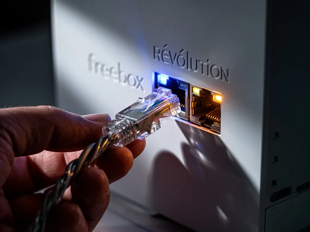 A hand gripping a twisted Ethernet cable plug near a Freebox Révolution's Ethernet port, the port slightly angled, harsh