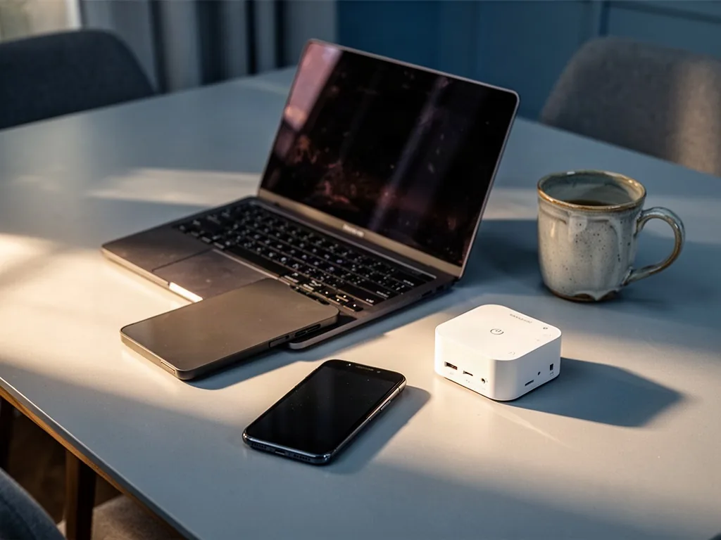 A remote worker establishes an emergency mobile connection, placing a smartphone face down beside an open laptop with a