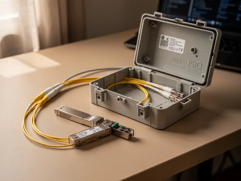An SFP optical transceiver module with a yellow fiber patch cord and an open plastic PBO wall box on a beige desk, warm 