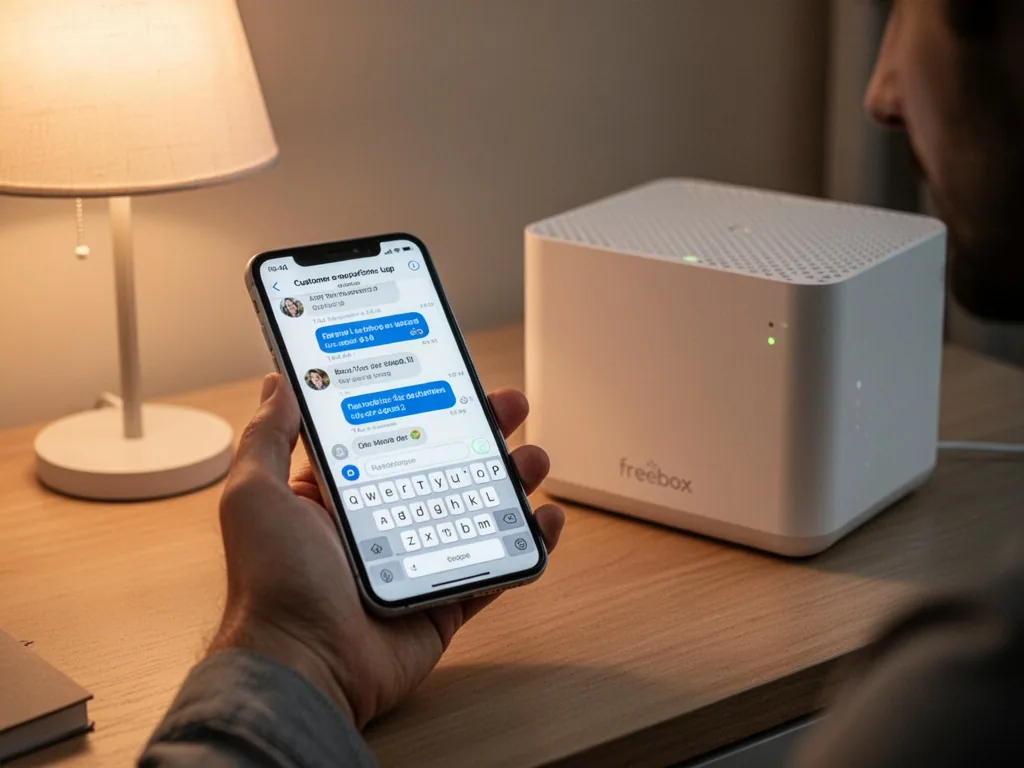 A person's hand holding a smartphone with a customer support chat open, beside a white Freebox on a desk, soft evening l