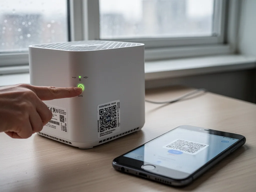 A finger pressing the WPS button on a white router, a QR code sticker on the side, a smartphone showing a QR scanner on