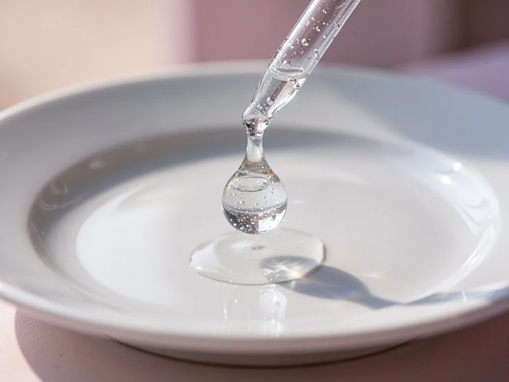 A clear droplet of edible ink suspended from a pipette tip, catching sunlight with internal shimmering layers and tiny b
