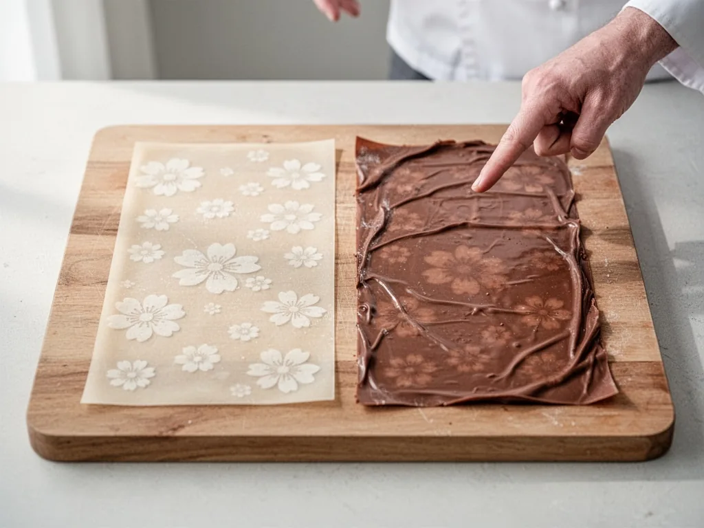 Two rectangular edible sheets side by side on a wooden board, one smooth sugar paper with sharp floral pattern, the othe