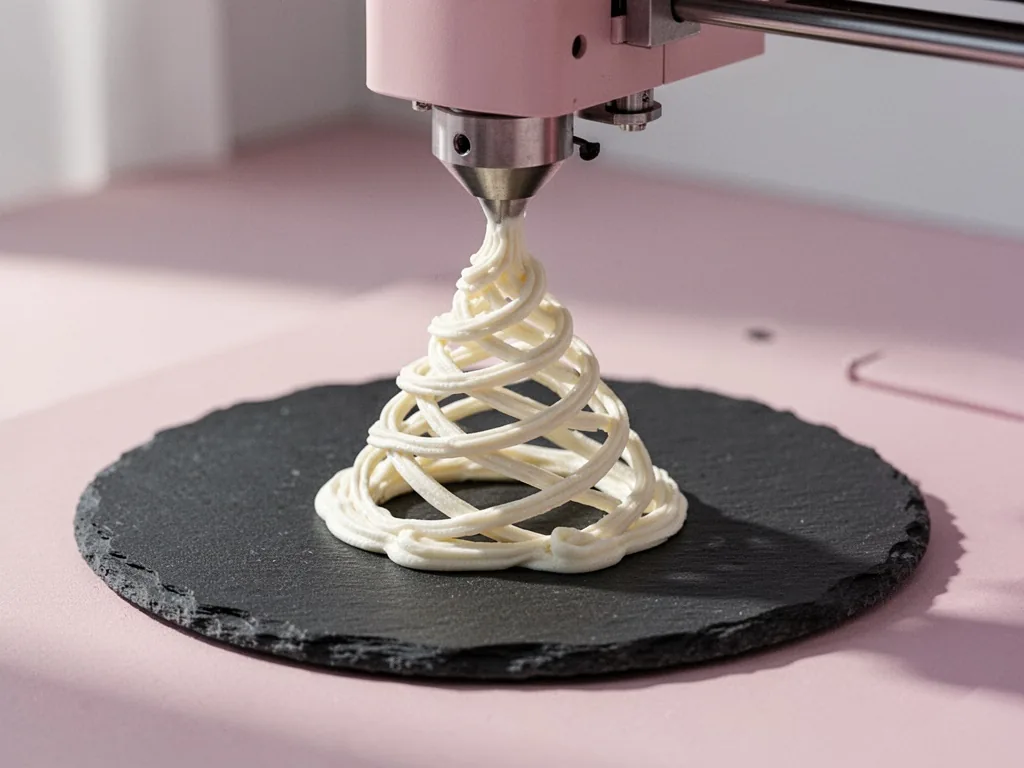 A 3D food printer extruding a spiral lattice of white icing onto a black slate, nozzle close above the forming structure