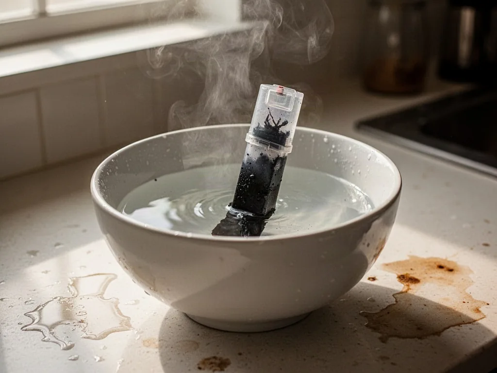 A white ceramic bowl filled with warm water, a clogged black ink cartridge standing upright inside, gentle steam rising,