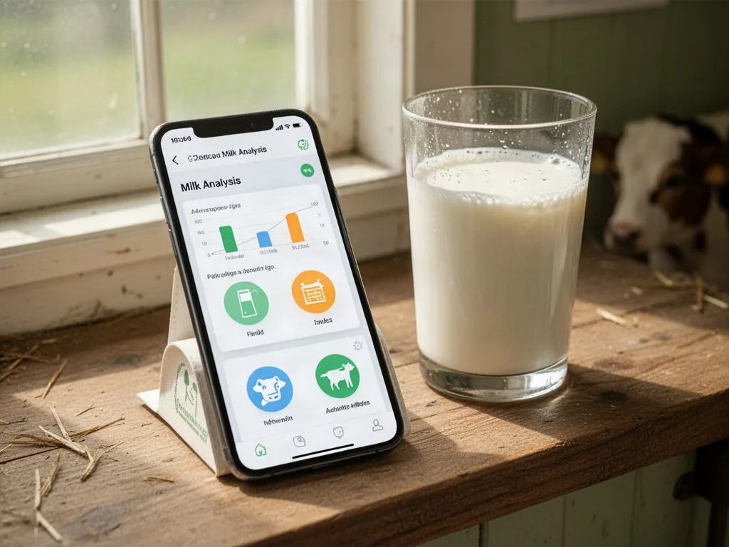 A smartphone with a milk analysis app open, simple colored charts and large friendly icons, next to a chilled glass of m