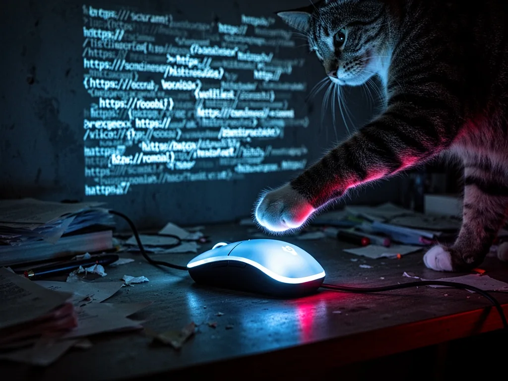 A glowing computer mouse on a messy desk, a cat's paw poised above it, a maze of shifting URL links projected on the wal