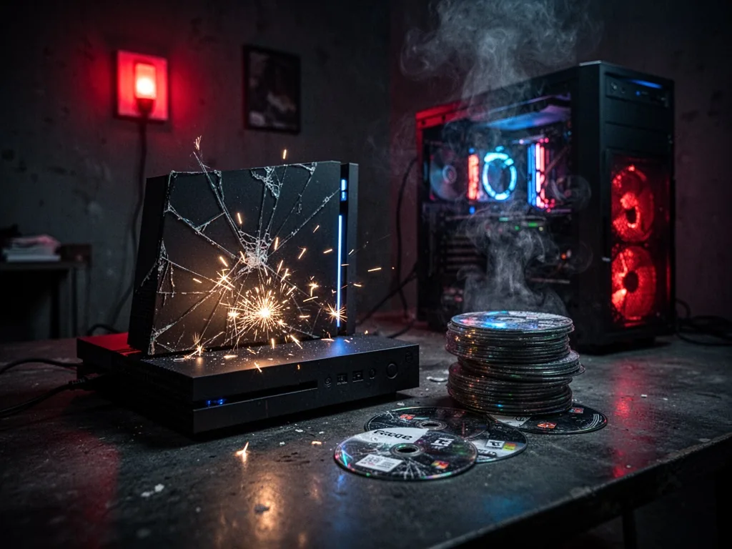 A gaming console with a cracked shell, sparks flickering inside, a stack of scratched game discs, a PC tower emitting sm