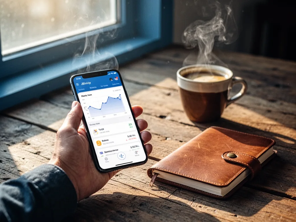 A small business owner's hand holding a smartphone with JBinUp analytics dashboard, a steaming coffee cup and leather-bo