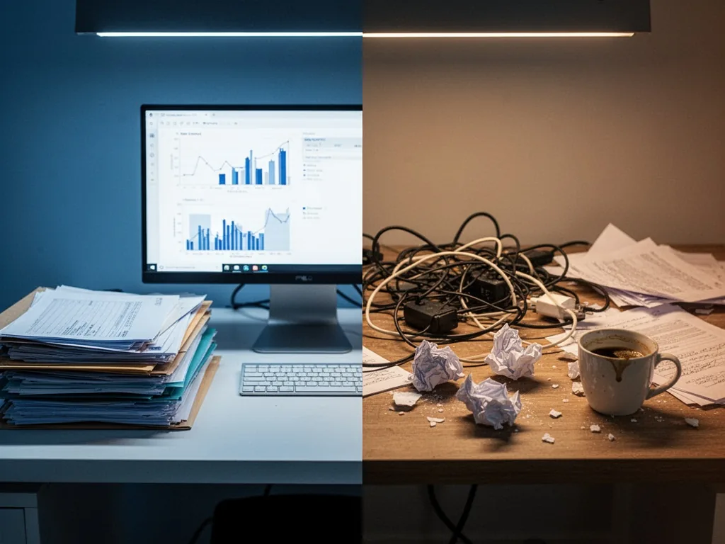 A desk split into two halves: left side with neatly stacked folders and a monitor displaying clean graphs, right side wi