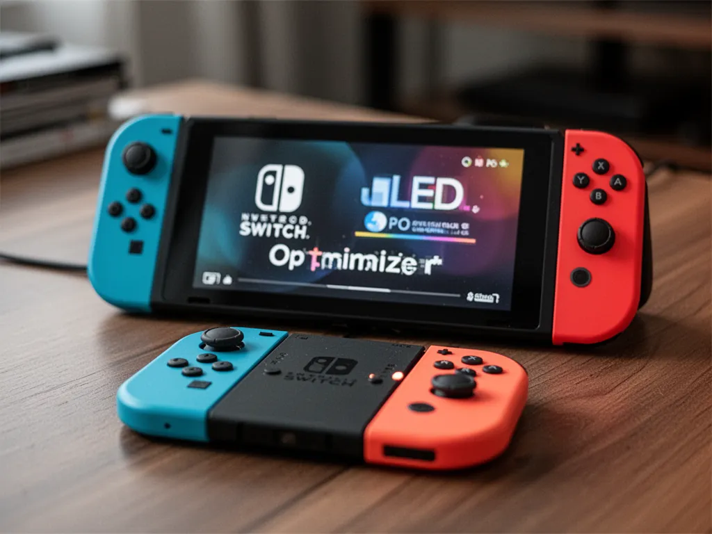 Deux manettes Joy‑Con posées près d'une Nintendo Switch OLED sur une table de salon