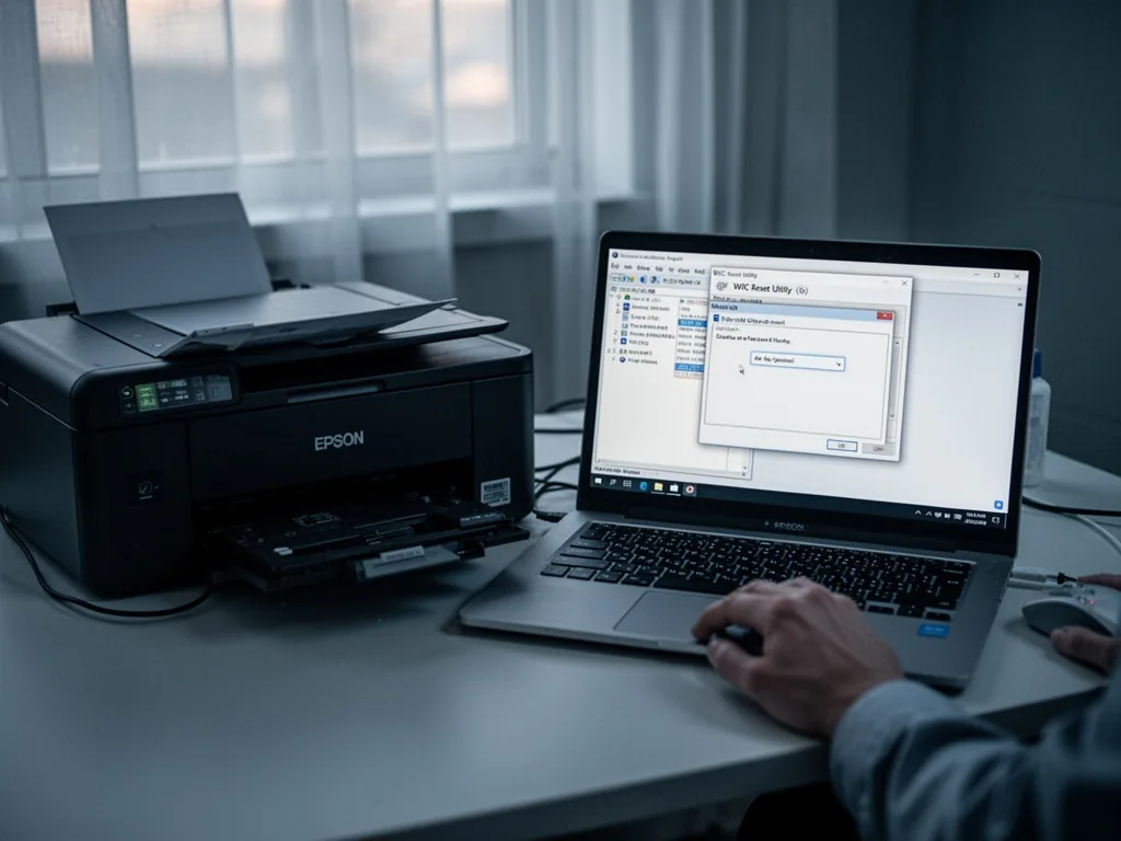 A desk with an Epson printer connected to a laptop, the WIC Reset Utility window open, a hand clicking the mouse, late a