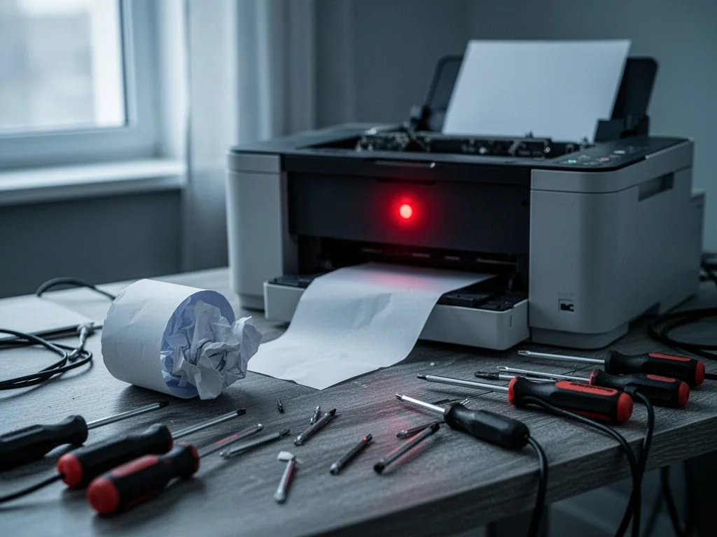 A printer with a red blinking error light, a crumpled paper roll nearby, scattered screwdrivers and cables on a wooden d