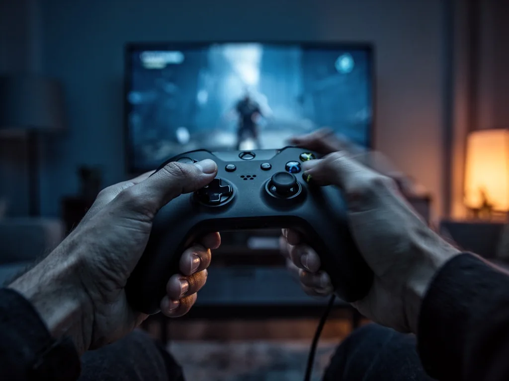 A gaming controller held by two hands, one hand pressing a button, the other hand lagging behind with motion blur, a tel
