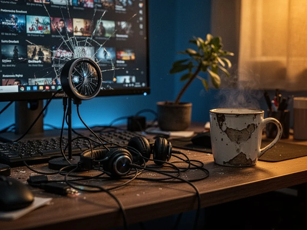 A cluttered streaming desk with a cracked webcam lens, tangled headphone cables, a chipped coffee mug, and a small plant