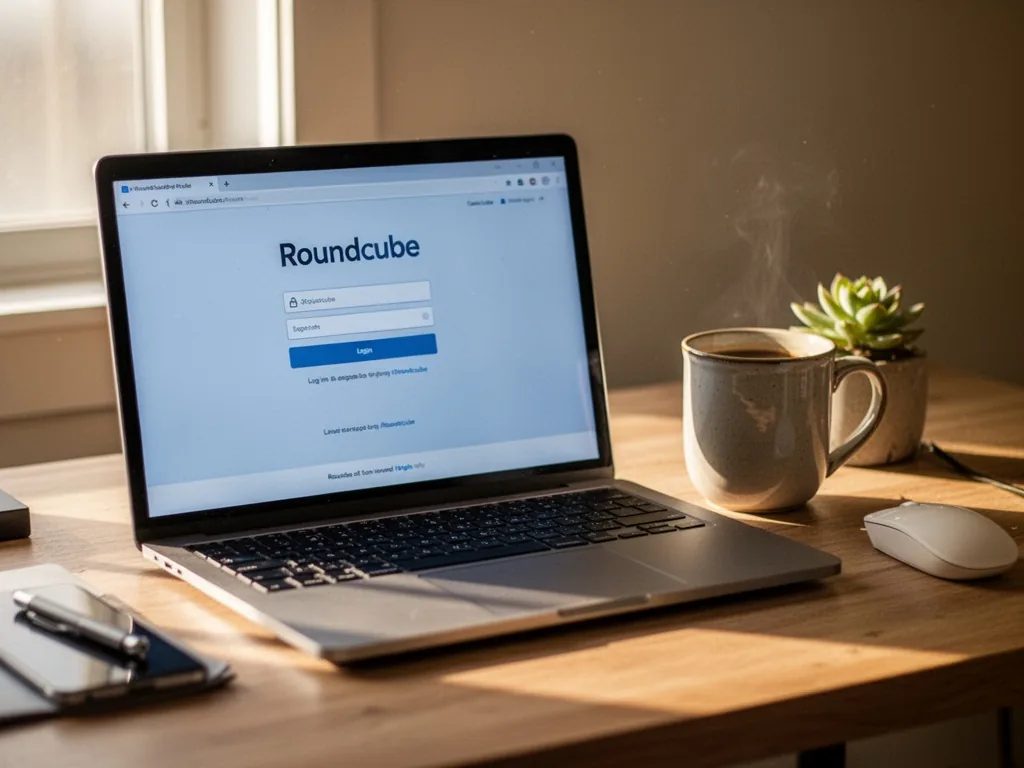 A laptop screen showing the Roundcube login page, a ceramic coffee mug and a small potted succulent on the wooden desk,