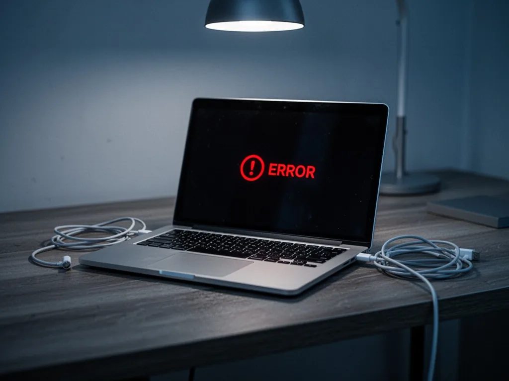 A closed laptop with a red error notification on its screen, a tangled charging cable beside it, on a wooden desk, dim a