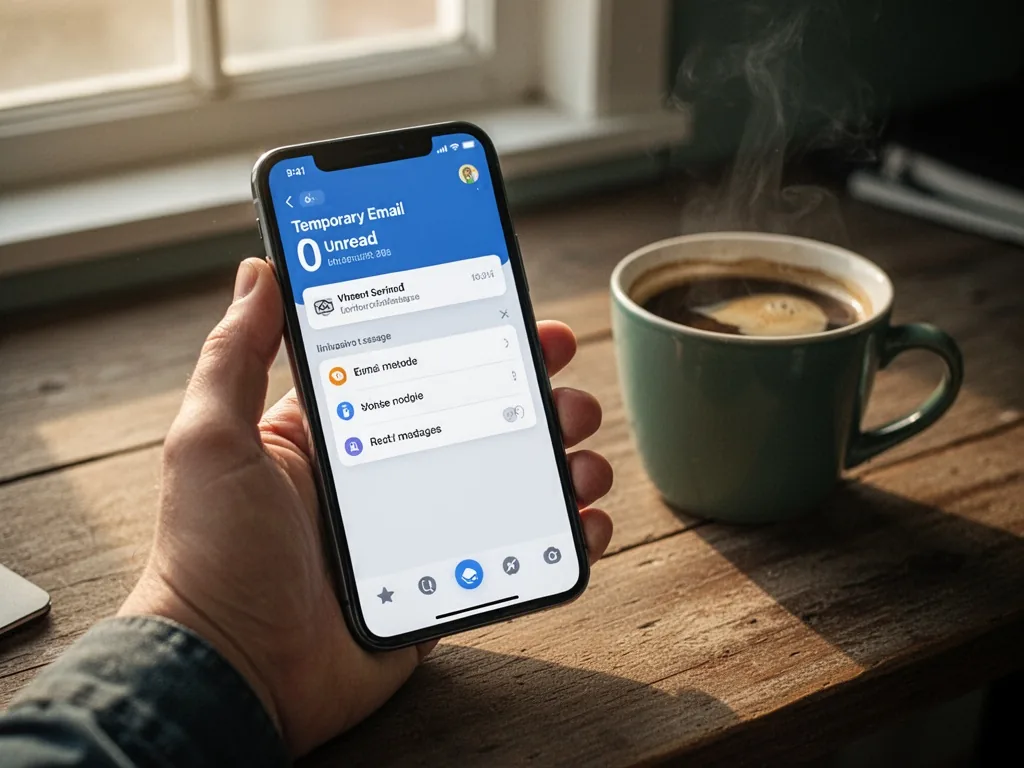 A hand holding a smartphone screen displaying a temporary email inbox with zero unread messages, next to a coffee cup on