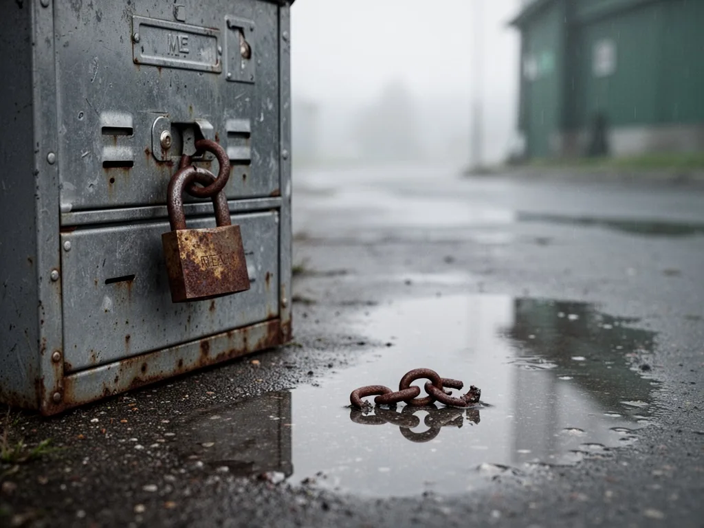 A rusty padlock hanging on a metal mailbox, a single broken chain link lying on wet pavement, overcast grey sky, puddle