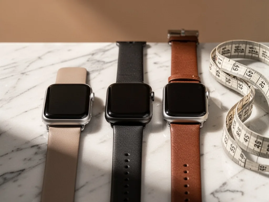 Three Apple Watch case sizes lined up on a marble surface, a flexible measuring tape draped beside them, soft overhead l