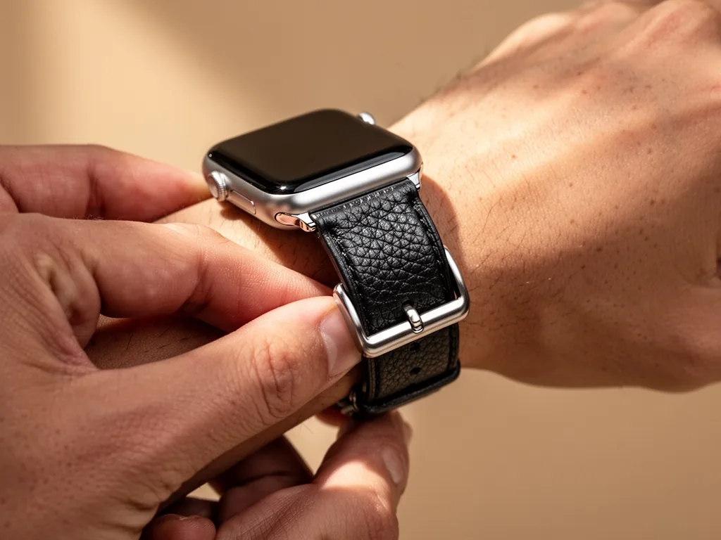 A hand adjusting a premium leather Apple Watch strap buckle on a wrist, polished silver hardware, warm window light illu