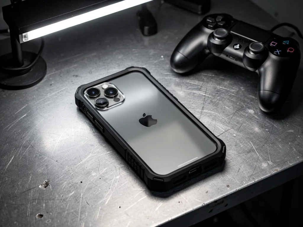 An iPhone 17 Pro Max inside a rugged black case resting on a scratched metal desk, a gaming controller nearby, harsh LED