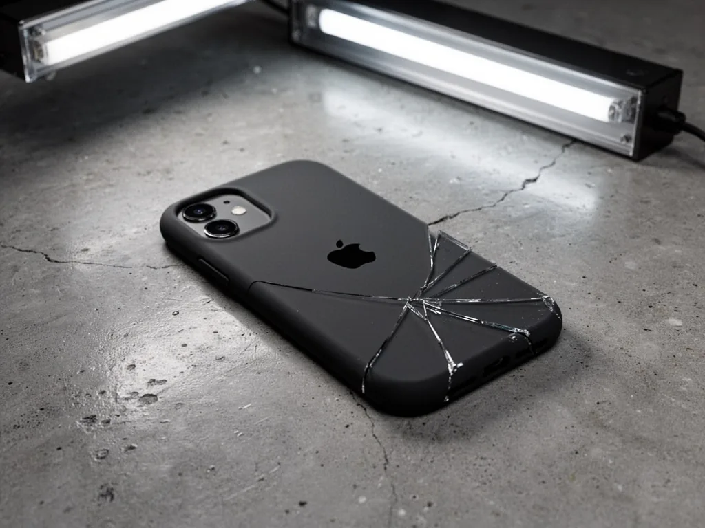 A shattered Apple silicone case lying on polished concrete, a single crack running across the corner, cold fluorescent o