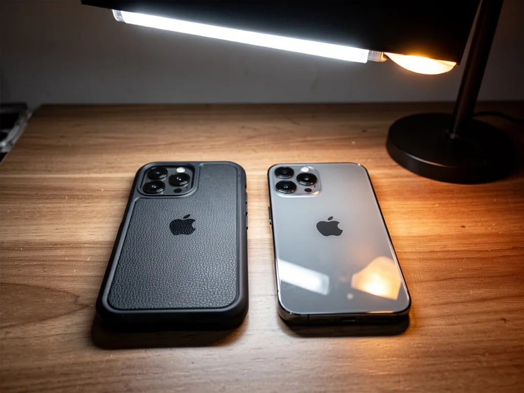 Two iPhone 17 Pro Max cases side by side on a wooden table, one thick and textured, one slim and glossy, warm desk lamp