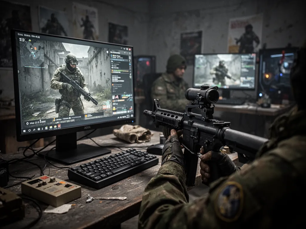 Vue rapprochée d’un écran de PC affichant un shooter, clavier mécanique et souris gaming