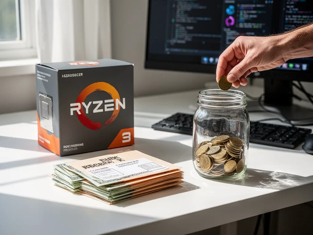 A computer desk with a Ryzen processor box, a stack of cashback envelopes, and a hand dropping a coin into a glass jar,