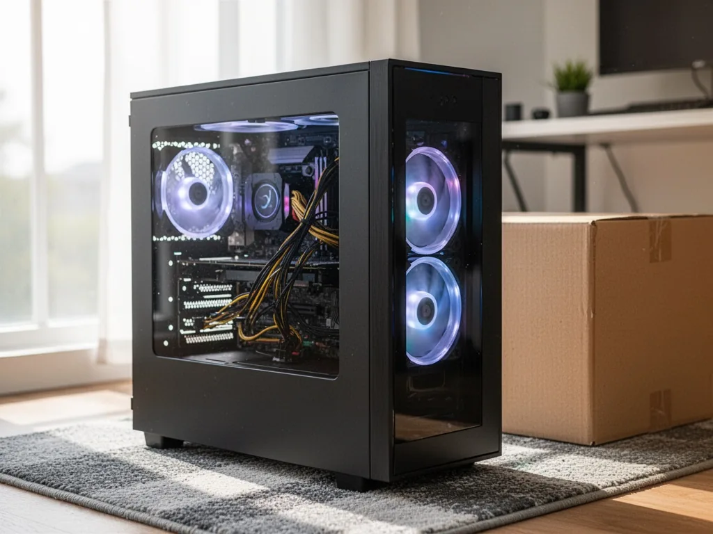 A black desktop tower with a side window revealing tidy cables and a glowing fan, standing on a rug beside a cardboard b