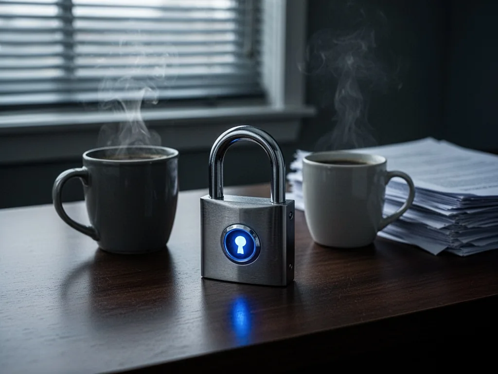 A metallic padlock with a glowing blue digital keyhole, resting on a dark wooden desk beside a steaming coffee mug and a