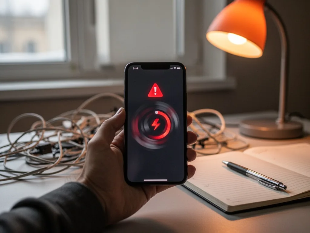 A smartphone screen displaying a red error icon and spinning loading wheel, held by a blurred hand over a cluttered desk