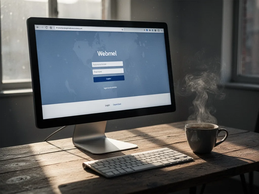 A computer monitor displaying a Webmel login page, morning sunlight streaming across a wooden desk, a steaming coffee cu