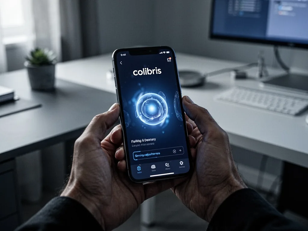 A sleek smartphone screen showing a Colibris app interface with a blue glow, hands holding the device, a modern minimali
