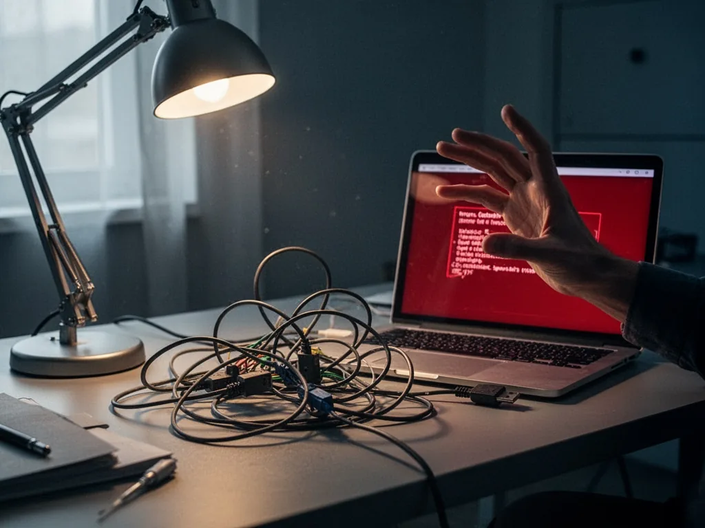 A tangled network cable on a desk next to a laptop showing a red error message, a desk lamp casting warm light, a frustr