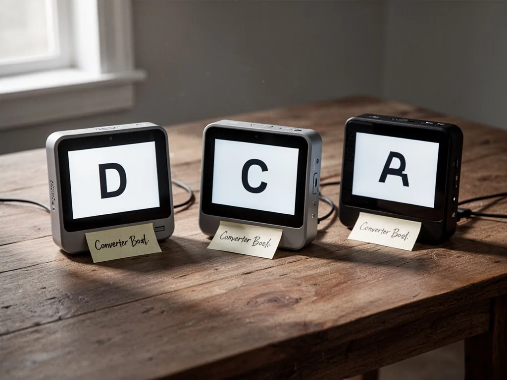 Three compact converter boxes in gray and black arranged on a wooden table, each screen showing a bold letter and a smal