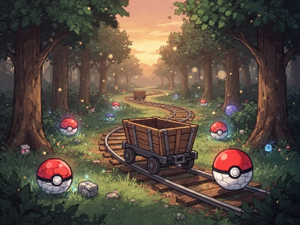 A wooden minecart track winding through a dense pixelated forest with glowing cobblestone Pokéballs on the ground, warm 