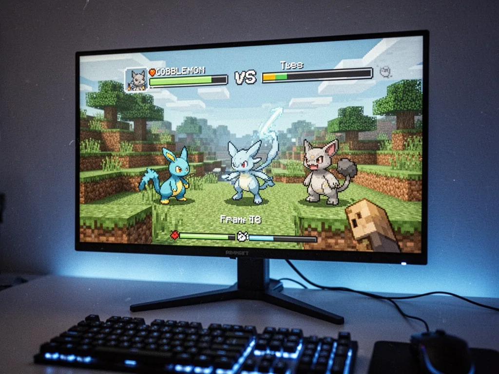 A gaming computer monitor displaying a smooth Minecraft world with a Cobblemon Pokémon battle, keyboard partially visibl