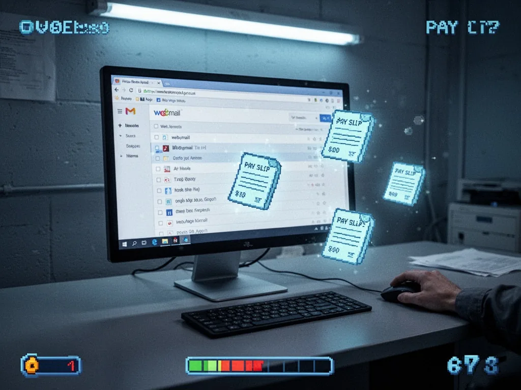 A computer monitor on a grey desk showing a webmail inbox, pay slip icons floating like glowing video game loot, a hand 
