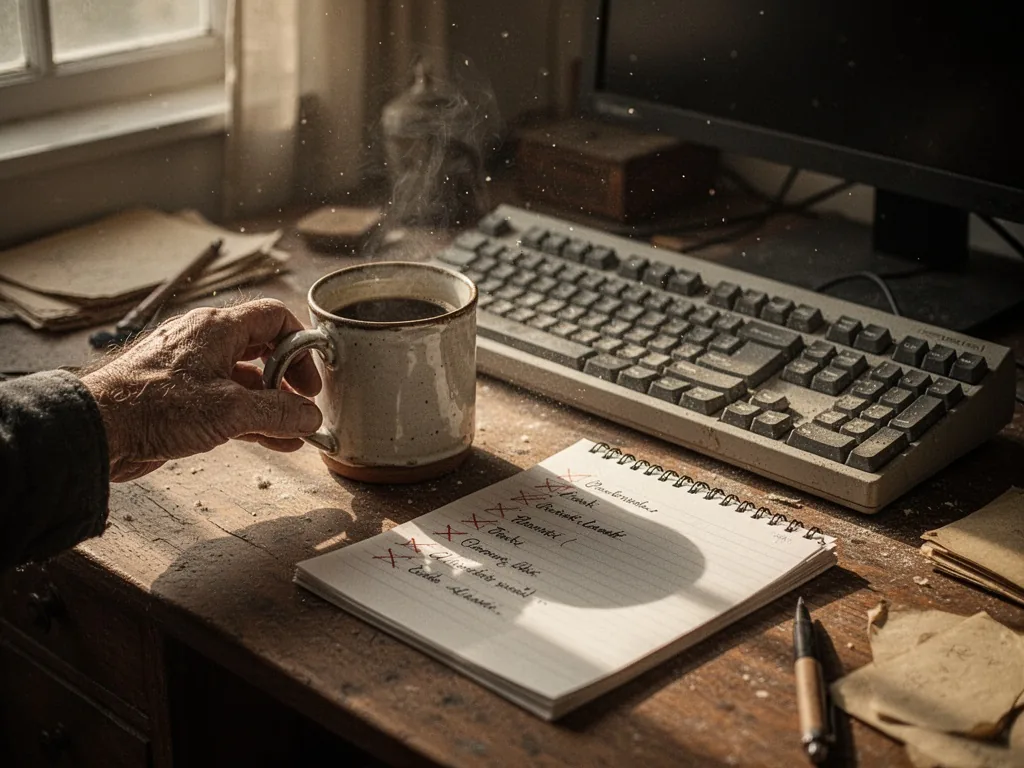 A weathered hand reaching for a ceramic coffee mug beside an untouched mechanical keyboard on a cluttered oak desk, soft