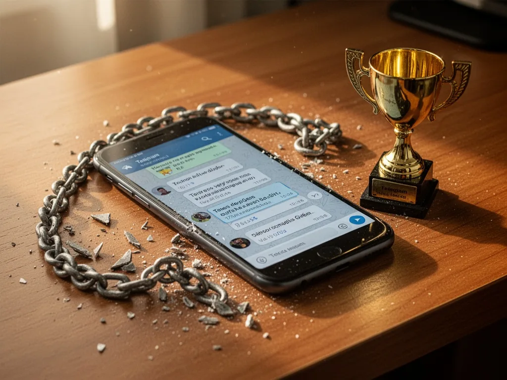 A smartphone showing a Telegram chat interface, lying next to a broken chain and a small golden trophy, on a wooden desk
