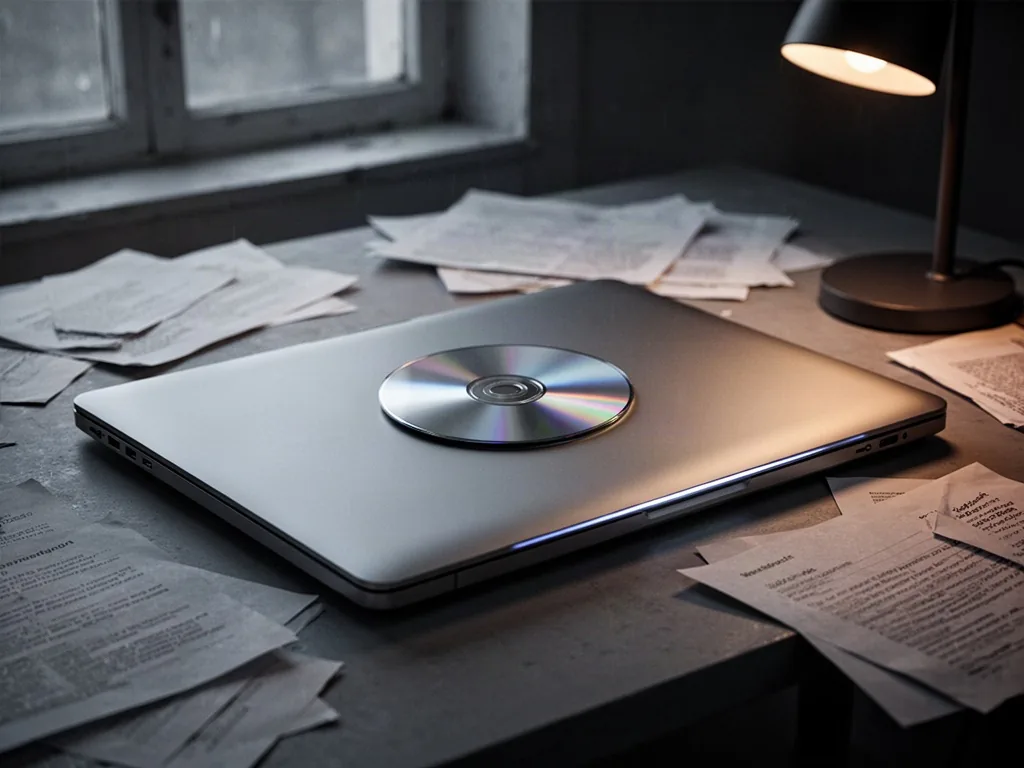 A silver compact disc resting on the closed lid of a large modern 17-inch laptop, the laptop's slim edge visible, a clut