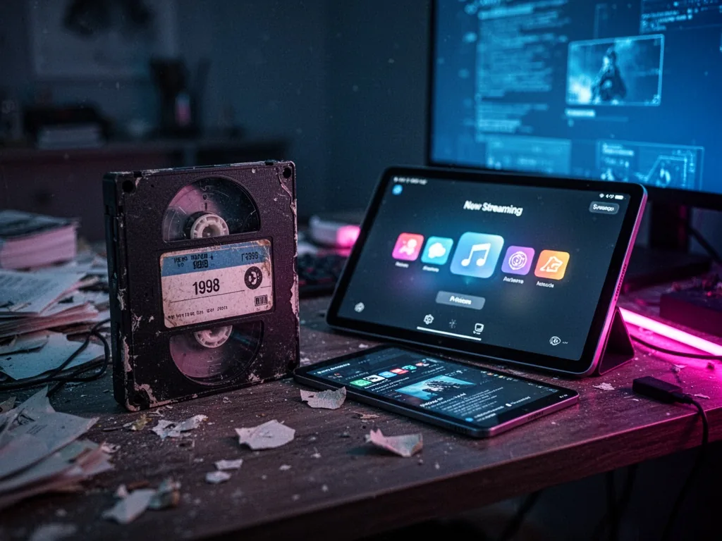 A worn VHS tape labeled 1998 beside a sleek streaming interface on a tablet, both on a messy desk, dim room with blue sc