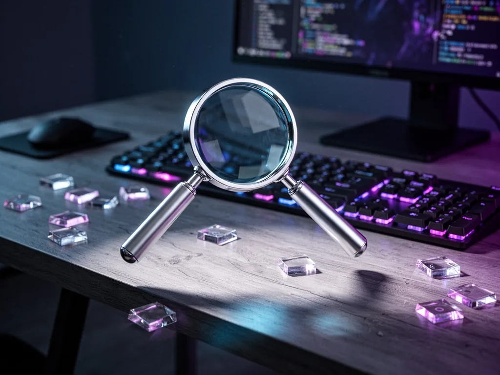 A silver magnifying glass with a glowing blue lens hovering over a modern wooden desk, scattered neon-lit keyboard keys,