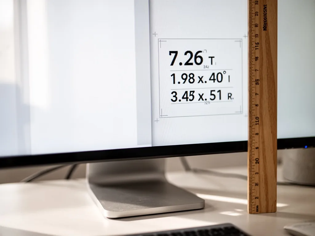 A computer monitor showing crisp YouTube thumbnail size dimensions in pixels on screen, a wooden ruler placed beside it,
