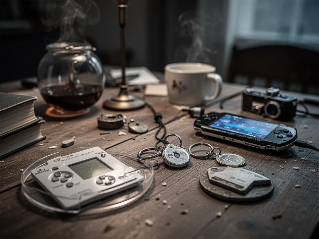 Main tenant une PlayStation Portable ouverte, carte mémoire et UMD posés sur une table