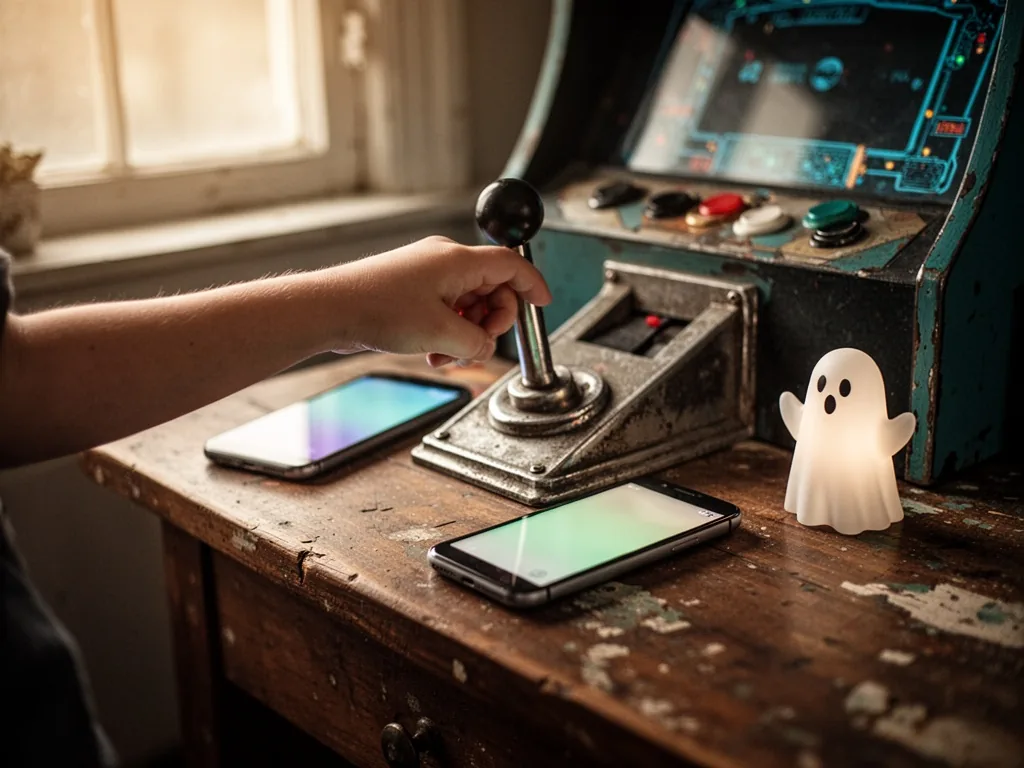 A young hand pulling a vintage arcade lever on a worn wooden counter, a glowing smartphone and a small white ghost figur